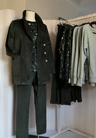 Corduroy Jacket, khaki green, cotton sateen print lining, shawl collar, double breasted, hand made in Australia