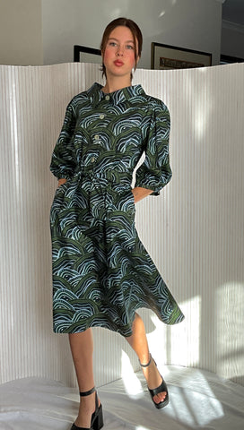 Shirt maker dress, elegant forever fashion,deep green Holly Sanders print