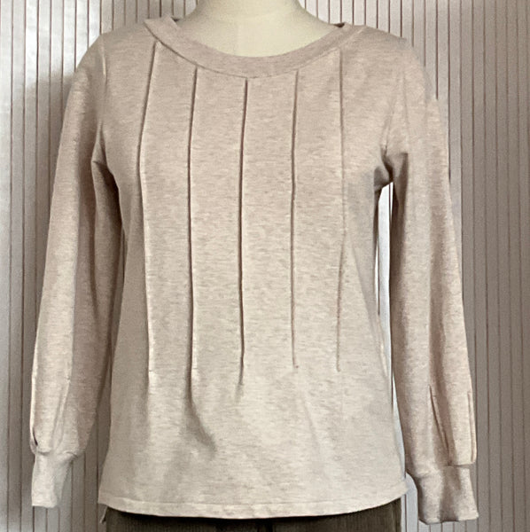 Leisure top, warm beige tucked cotton knit.