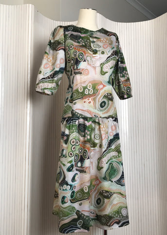 Romantic tab front dress, longer puff sleeve, pale green Holly Sanders print.