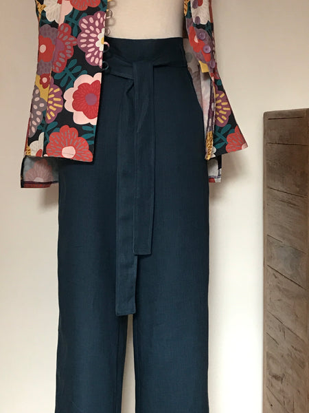 Teal linen pant 7/8 length sash at waist