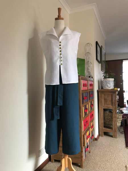 Teal linen pant 7/8 length sash at waist