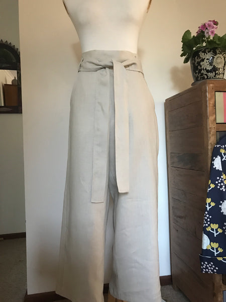 Teal linen pant 7/8 length sash at waist